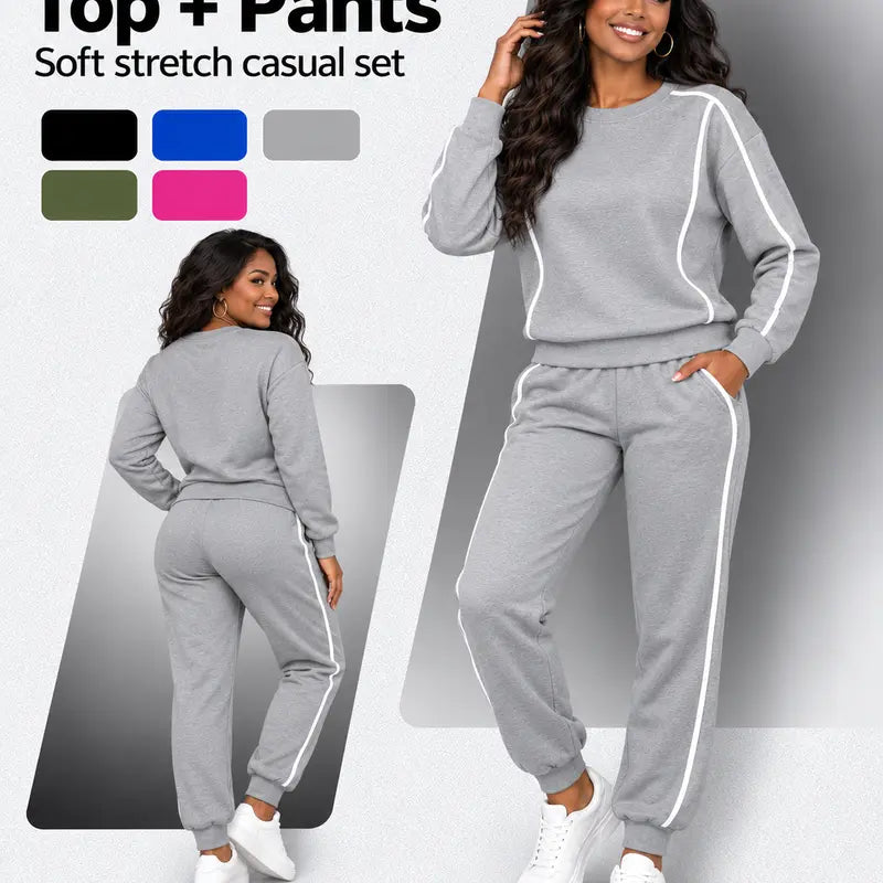 Women's Casual 2-Piece Athleisure Set - Soft Knit Long-Sleeve Pullover and Athletic Pants, Machine Washable Coordinated Outfit for Workouts and Travel