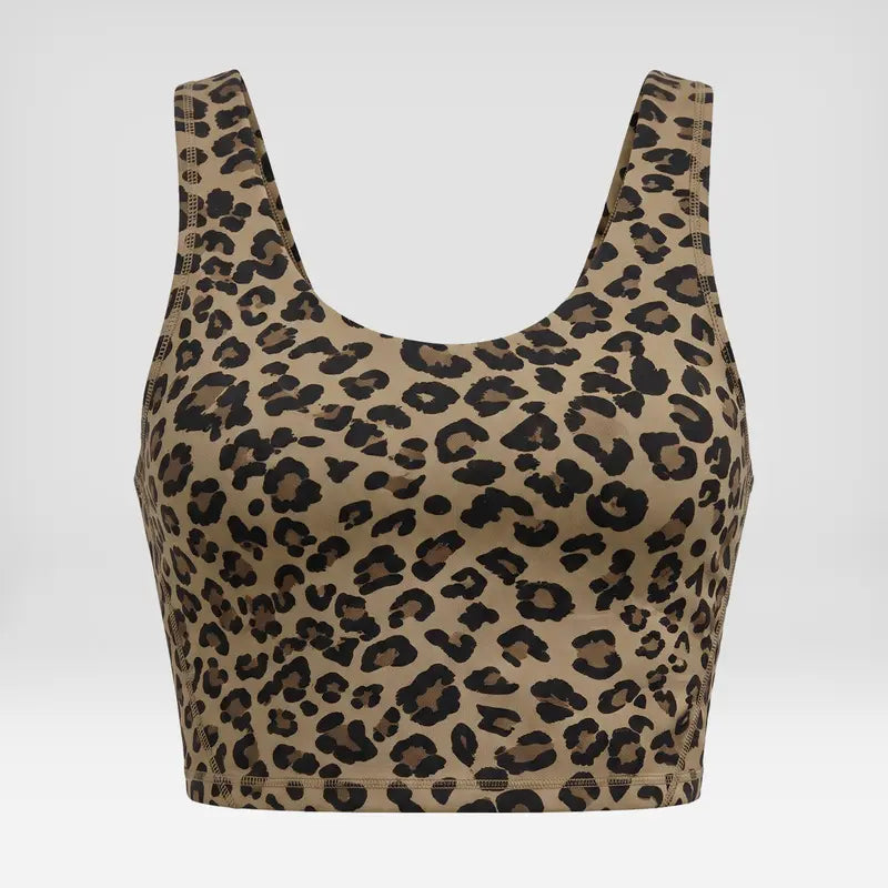 Women's Athletic Matching Sets - Leopard Print Long Jacket, Cropped Jacket, Racerback Tank, and Cropped Trousers - Individually Sold, Full Zip, Slim Fit, Ideal for Yoga and Gym Workouts