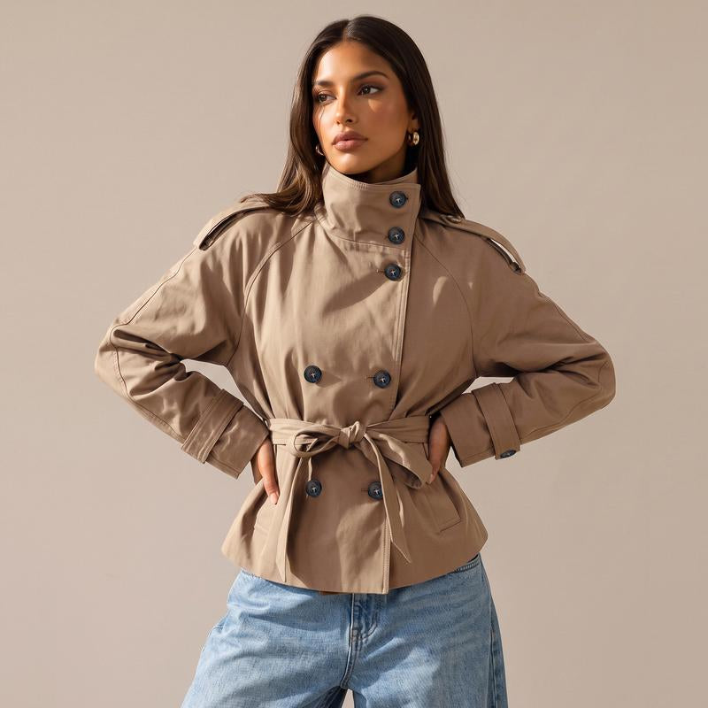 Katch Me Chic Women's Versatile Stand Collar Button-Up Trench Coat with Detachable Waist Belt - Cozy Windproof Long Sleeve Outerwear for Fall & Winter