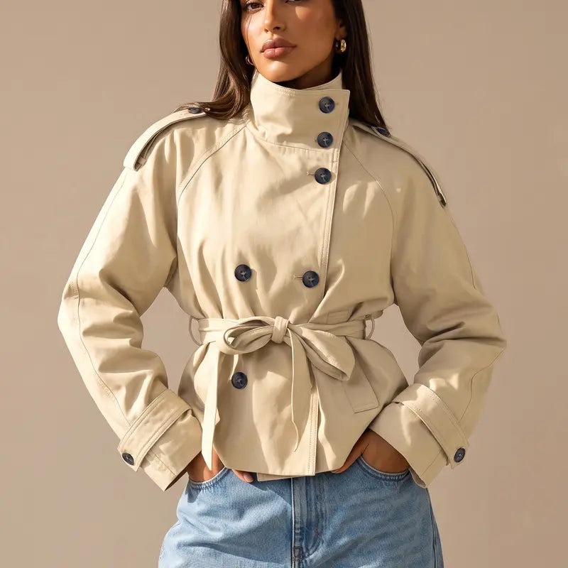 Katch Me Chic Women's Versatile Stand Collar Button-Up Trench Coat with Detachable Waist Belt - Cozy Windproof Long Sleeve Outerwear for Fall & Winter