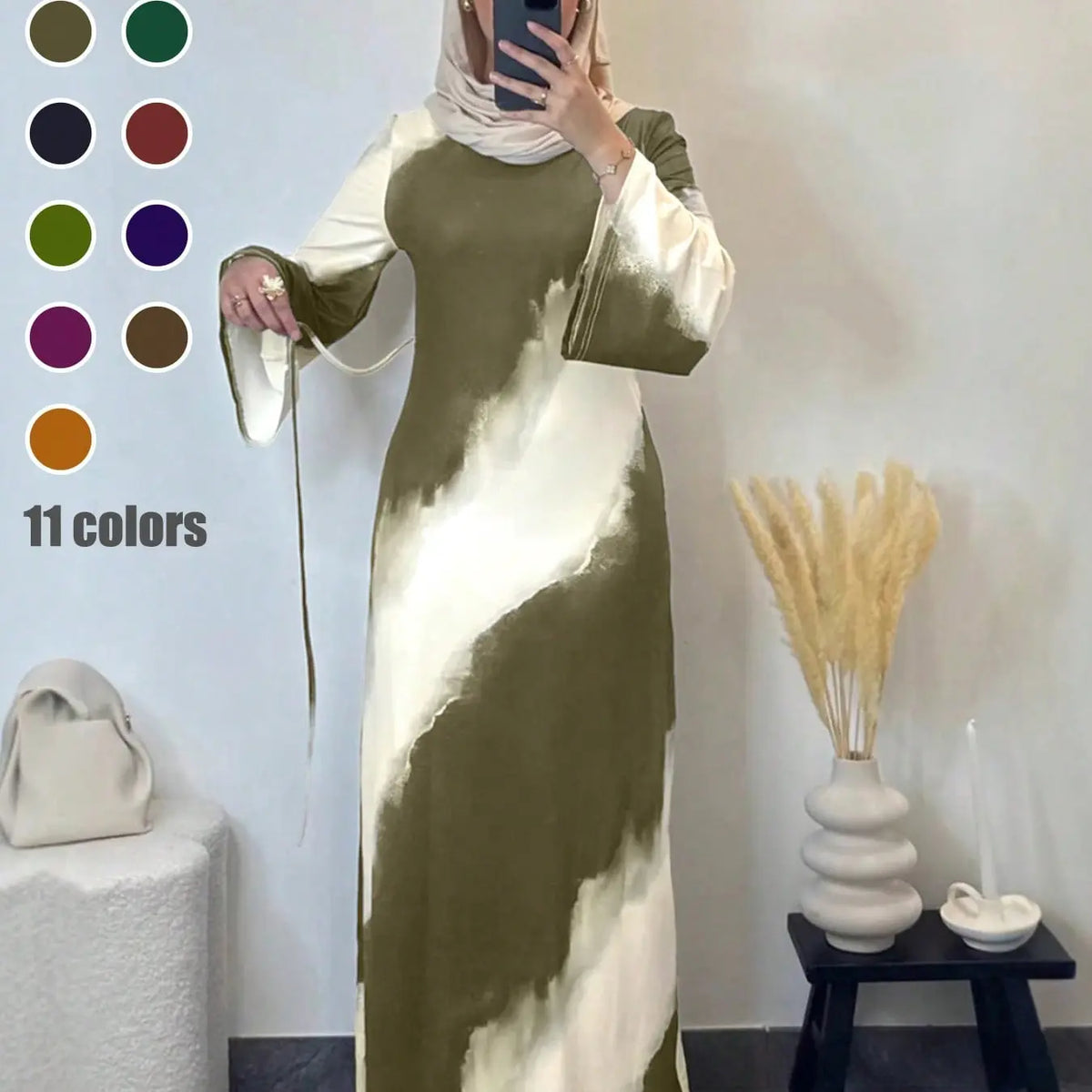 Muslim Women's Elegant Printed Maxi Dress - Modest Casual Slim-Fit Long Sleeve Design for All Seasons and Comfortable Daily Wear
