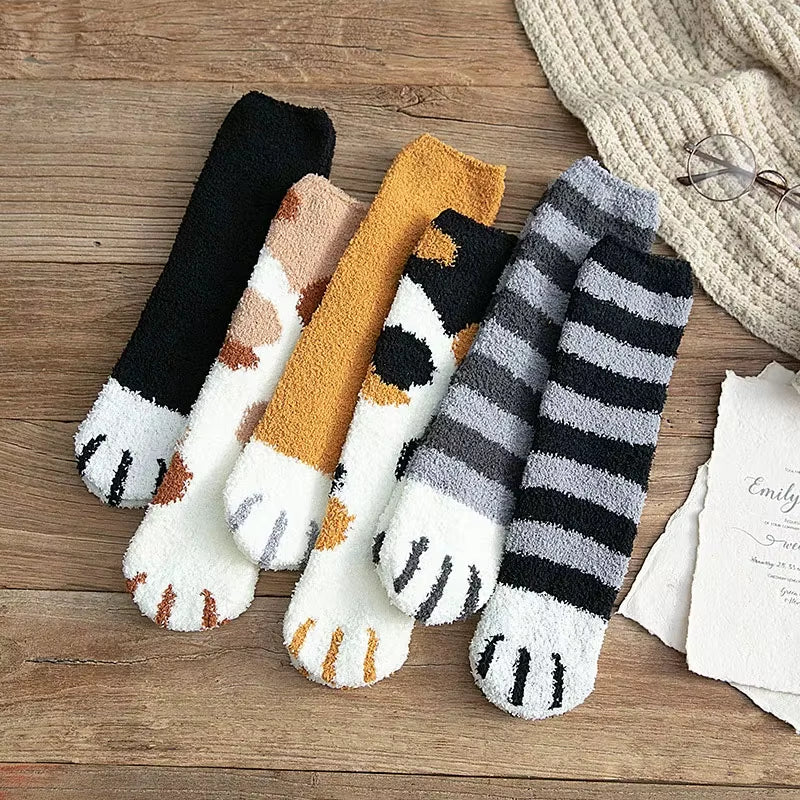 Cat-Paw Coral Velvet Sleep Socks – Soft Thick Cozy Floor Socks