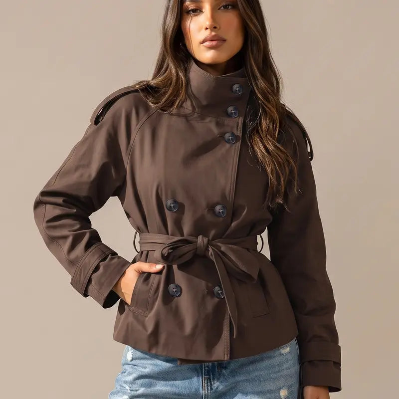 Katch Me Chic Women's Versatile Stand Collar Button-Up Trench Coat with Detachable Waist Belt - Cozy Windproof Long Sleeve Outerwear for Fall & Winter