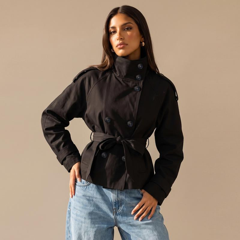 Katch Me Chic Women's Versatile Stand Collar Button-Up Trench Coat with Detachable Waist Belt - Cozy Windproof Long Sleeve Outerwear for Fall & Winter
