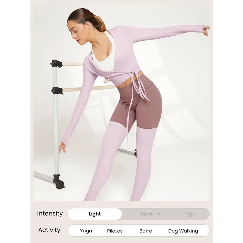 GLOWMODE Featherfit Tie Waist V-Neck Cropped Long Sleeve Top for Low Impact Yoga and Summer Wear