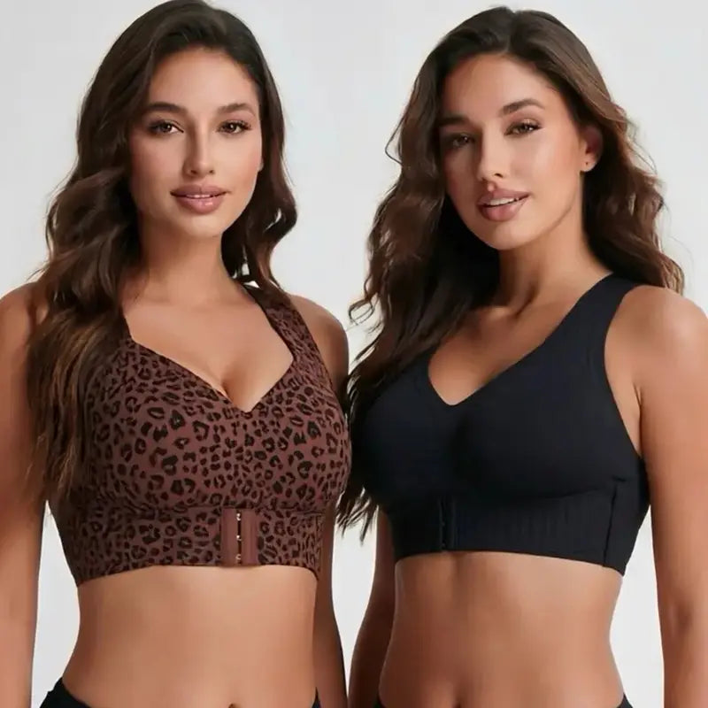 Women's Wire-Free Posture Support Sports Bra - Animal Print V-Neck, Breathable Mesh, Removable Pads, Gentle Support, Machine Washable, Comfortable Unlined Bralette for Yoga and Gym