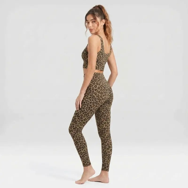 Women's Athletic Matching Sets - Leopard Print Long Jacket, Cropped Jacket, Racerback Tank, and Cropped Trousers - Individually Sold, Full Zip, Slim Fit, Ideal for Yoga and Gym Workouts