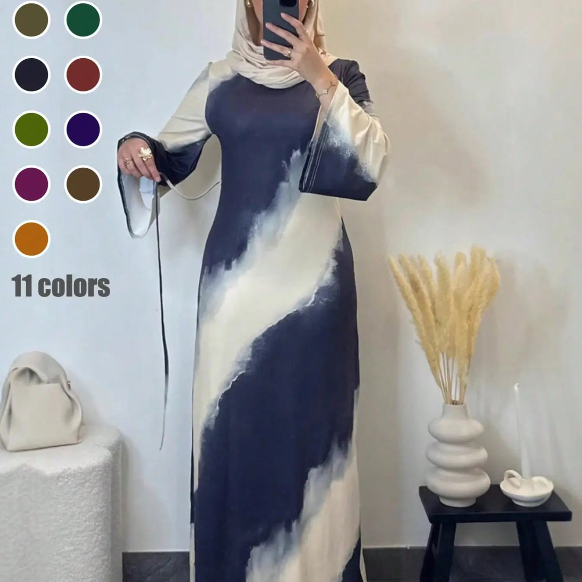 Muslim Women's Elegant Printed Maxi Dress - Modest Casual Slim-Fit Long Sleeve Design for All Seasons and Comfortable Daily Wear