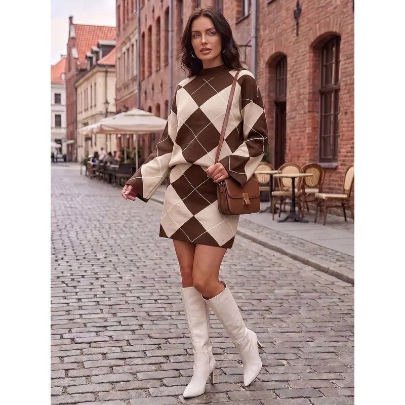 Wenrine Women's Casual 2-Piece Argyle Print Knit Set: Long Sleeve Funnel Neck Sweater and High-Waist Mini Skirt for Fall and Winter