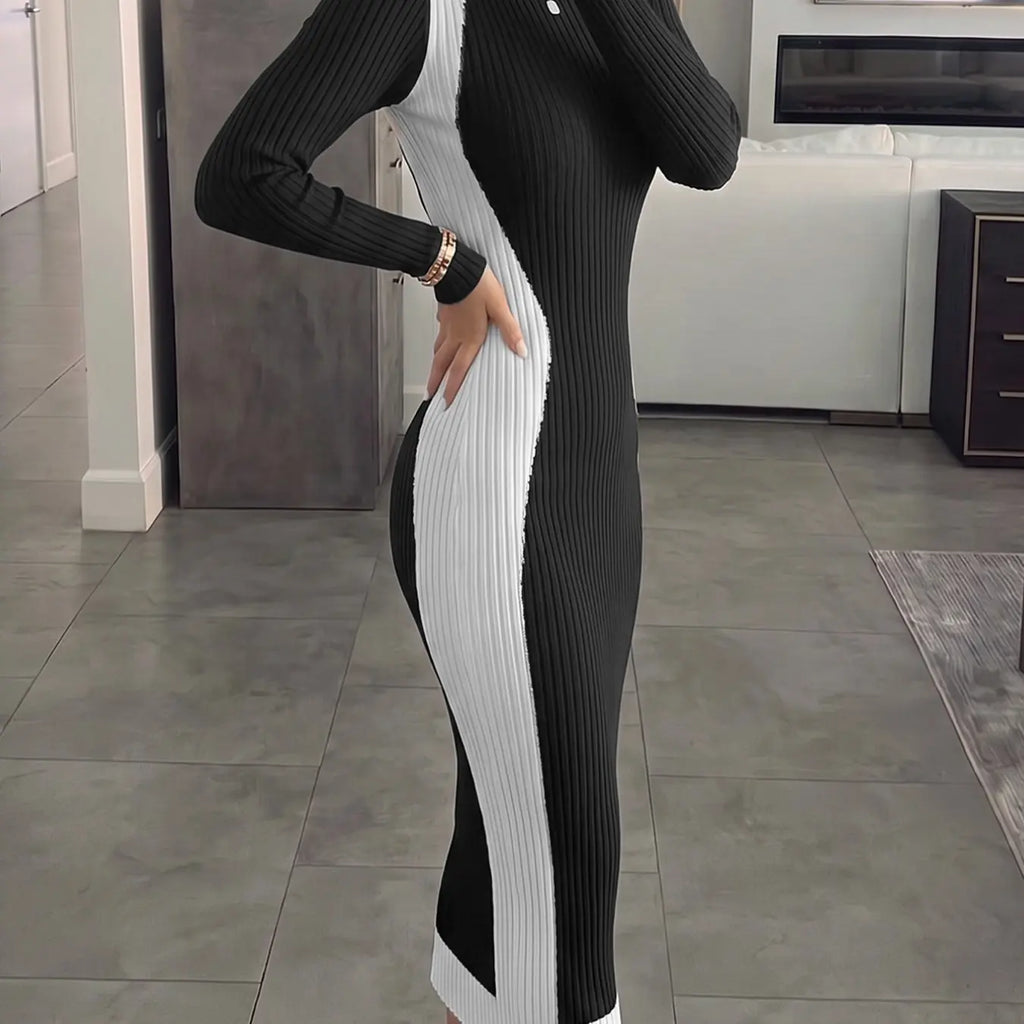 Women's Colorblock Long Sleeve Knit Midi Dress with Slim-Fitting Mock Neck for Autumn and Winter