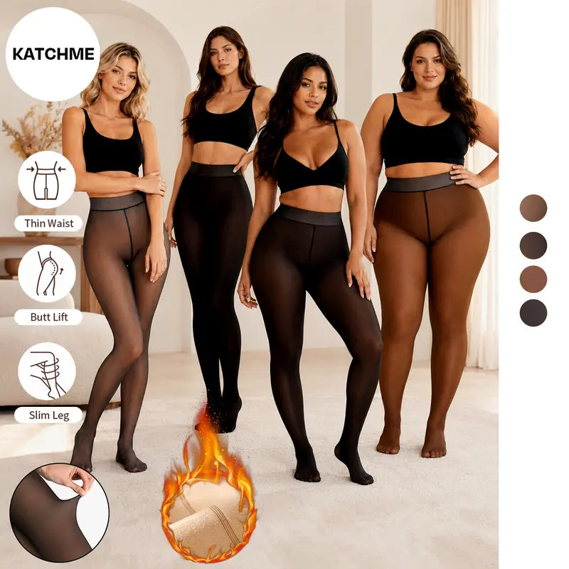 Katch Me Chic Women's Fleece-Lined Thermal Tights - Trendy High-Waisted Stretchy Pantyhose for Versatile Streetwear