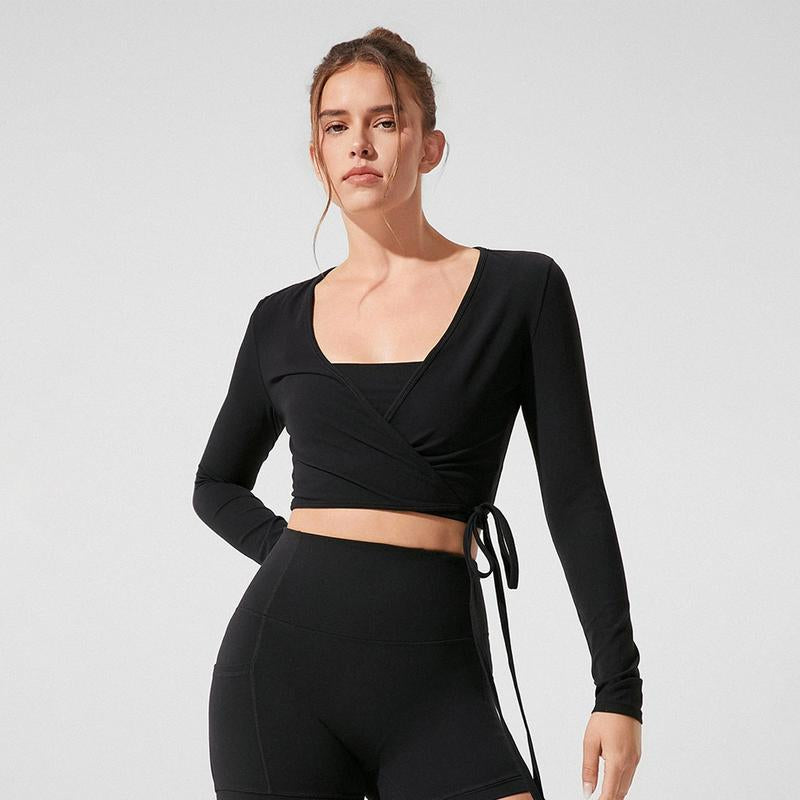 GLOWMODE Featherfit Tie Waist V-Neck Cropped Long Sleeve Top for Low Impact Yoga and Summer Wear