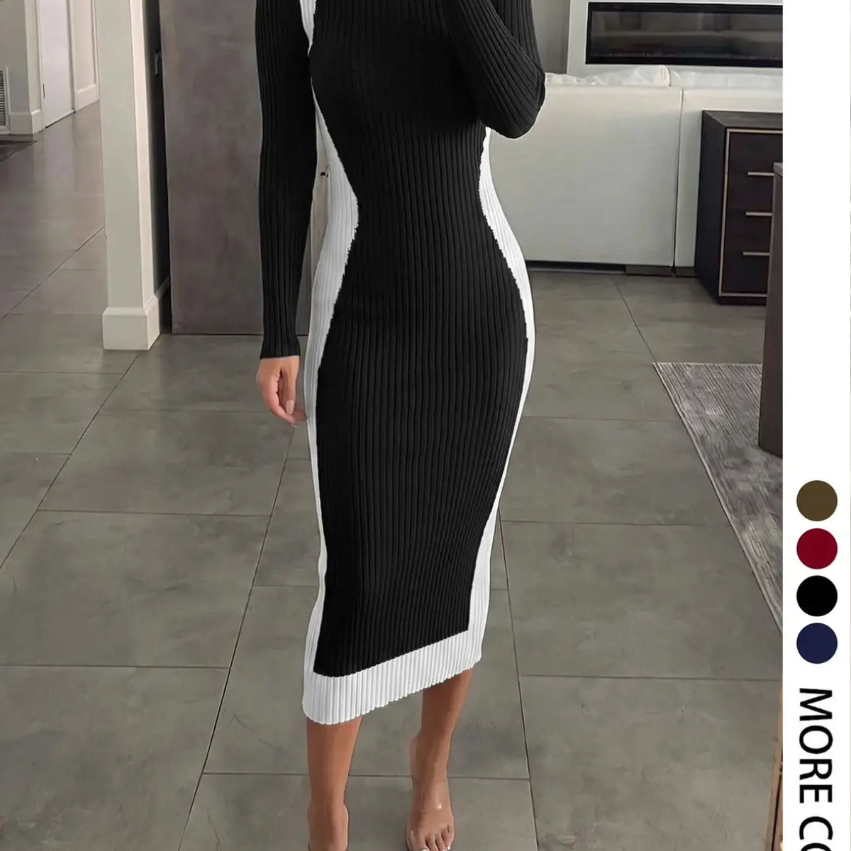 Women's Colorblock Long Sleeve Knit Midi Dress with Slim-Fitting Mock Neck for Autumn and Winter
