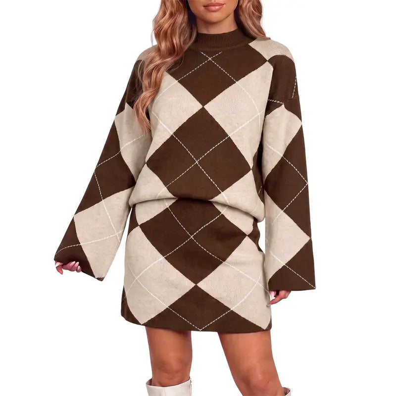 Wenrine Women's Casual 2-Piece Argyle Print Knit Set: Long Sleeve Funnel Neck Sweater and High-Waist Mini Skirt for Fall and Winter