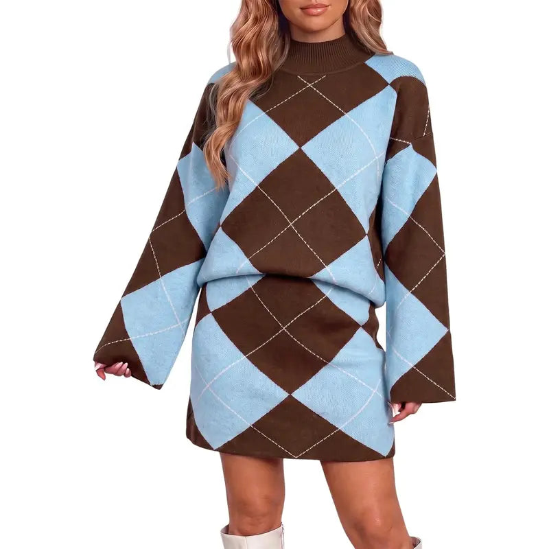 Wenrine Women's Casual 2-Piece Argyle Print Knit Set: Long Sleeve Funnel Neck Sweater and High-Waist Mini Skirt for Fall and Winter