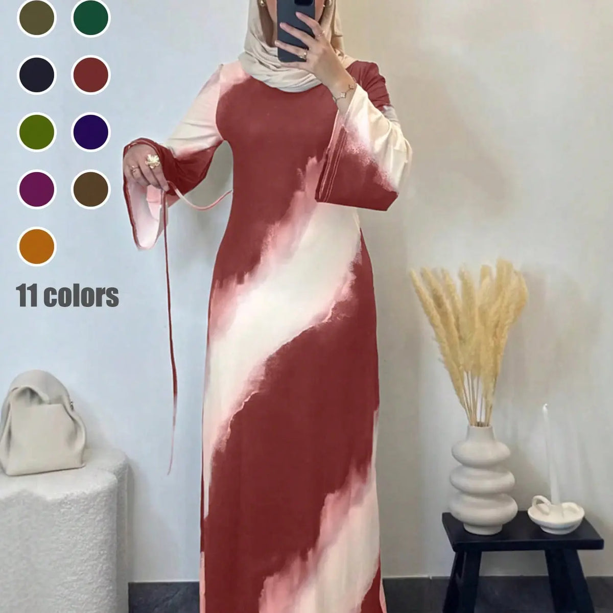 Muslim Women's Elegant Printed Maxi Dress - Modest Casual Slim-Fit Long Sleeve Design for All Seasons and Comfortable Daily Wear