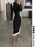 Women's Colorblock Long Sleeve Knit Midi Dress with Slim-Fitting Mock Neck for Autumn and Winter