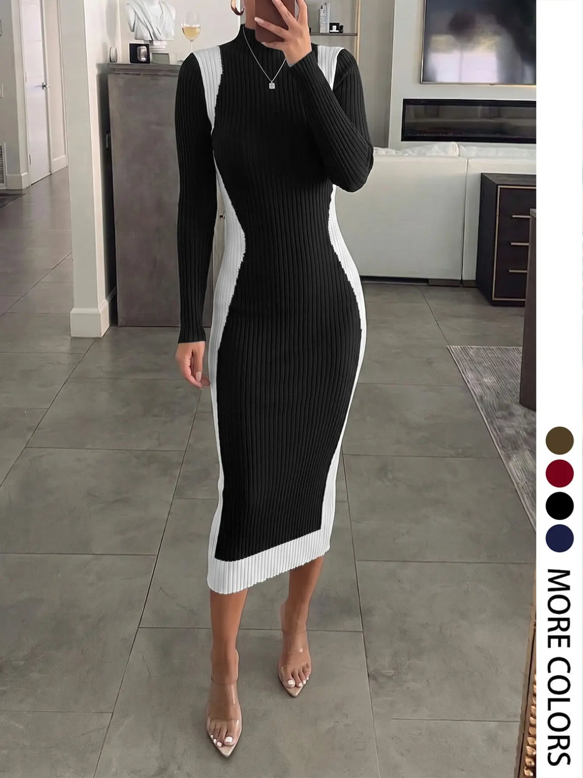 Women's Colorblock Long Sleeve Knit Midi Dress with Slim-Fitting Mock Neck for Autumn and Winter
