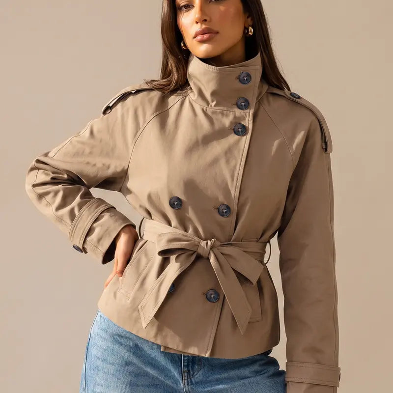 Katch Me Chic Women's Versatile Stand Collar Button-Up Trench Coat with Detachable Waist Belt - Cozy Windproof Long Sleeve Outerwear for Fall & Winter