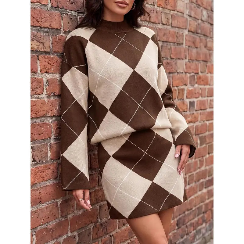 Wenrine Women's Casual 2-Piece Argyle Print Knit Set: Long Sleeve Funnel Neck Sweater and High-Waist Mini Skirt for Fall and Winter