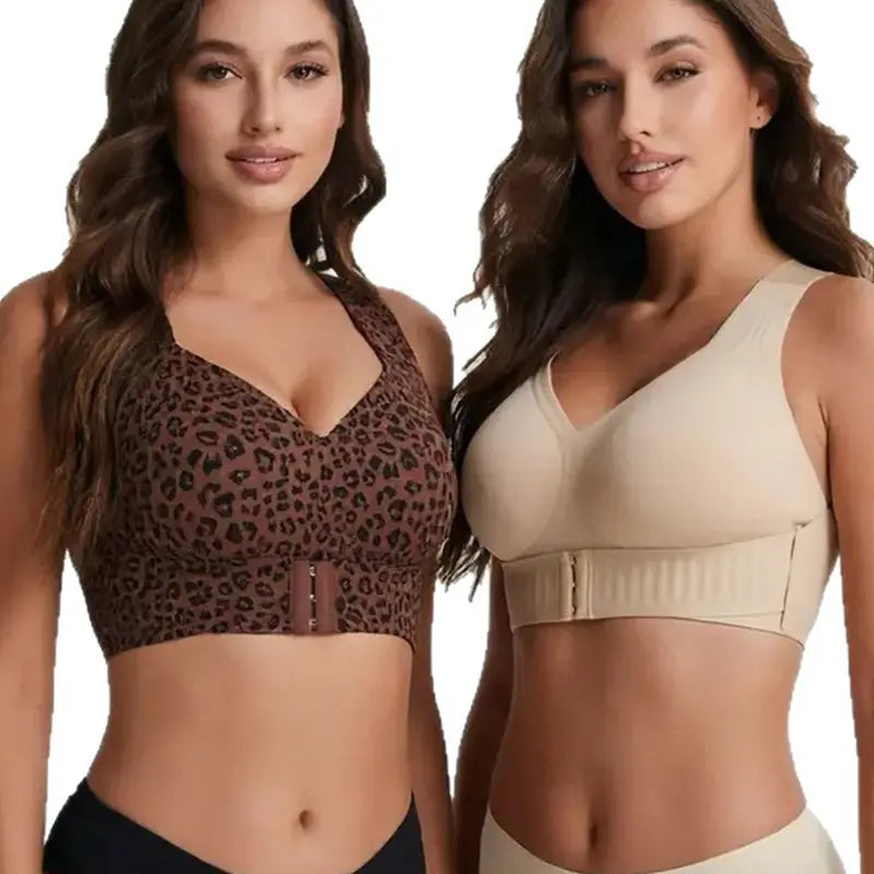 Women's Wire-Free Posture Support Sports Bra - Animal Print V-Neck, Breathable Mesh, Removable Pads, Gentle Support, Machine Washable, Comfortable Unlined Bralette for Yoga and Gym