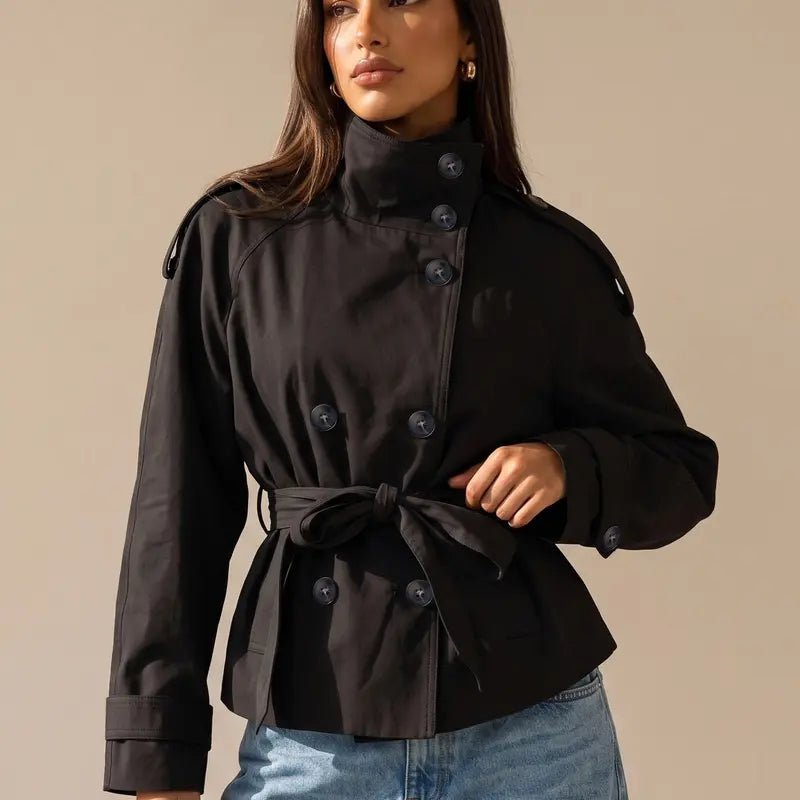 Katch Me Chic Women's Versatile Stand Collar Button-Up Trench Coat with Detachable Waist Belt - Cozy Windproof Long Sleeve Outerwear for Fall & Winter