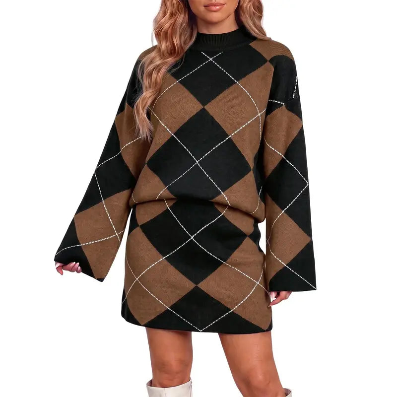 Wenrine Women's Casual 2-Piece Argyle Print Knit Set: Long Sleeve Funnel Neck Sweater and High-Waist Mini Skirt for Fall and Winter