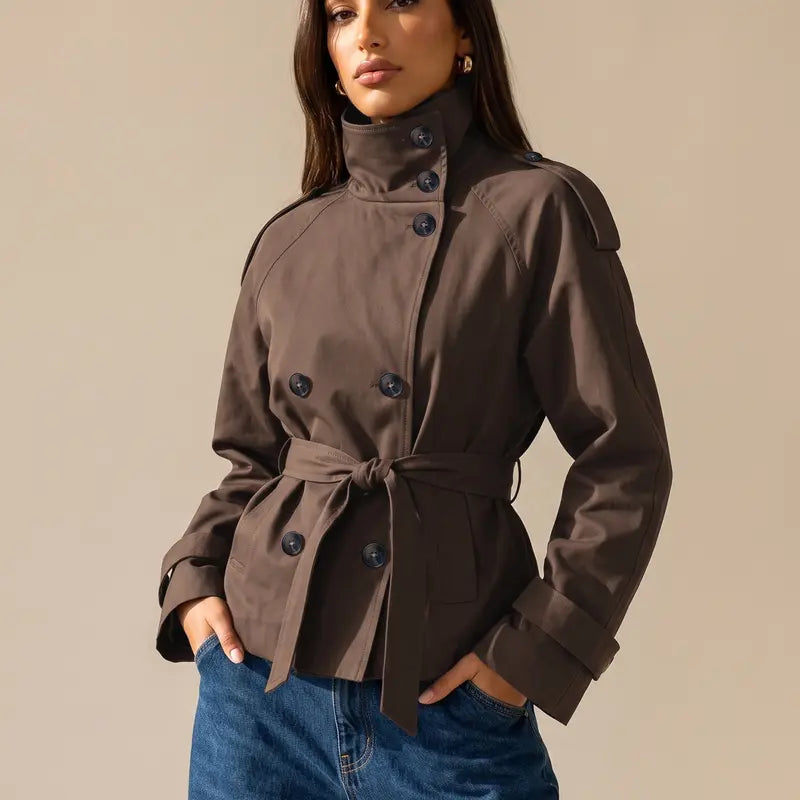 Katch Me Chic Women's Versatile Stand Collar Button-Up Trench Coat with Detachable Waist Belt - Cozy Windproof Long Sleeve Outerwear for Fall & Winter