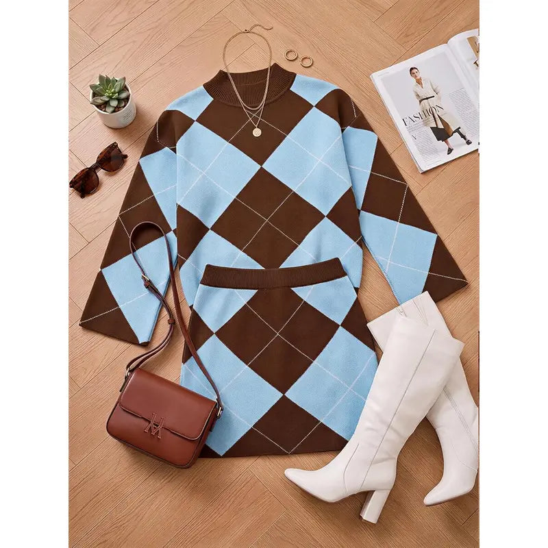 Wenrine Women's Casual 2-Piece Argyle Print Knit Set: Long Sleeve Funnel Neck Sweater and High-Waist Mini Skirt for Fall and Winter