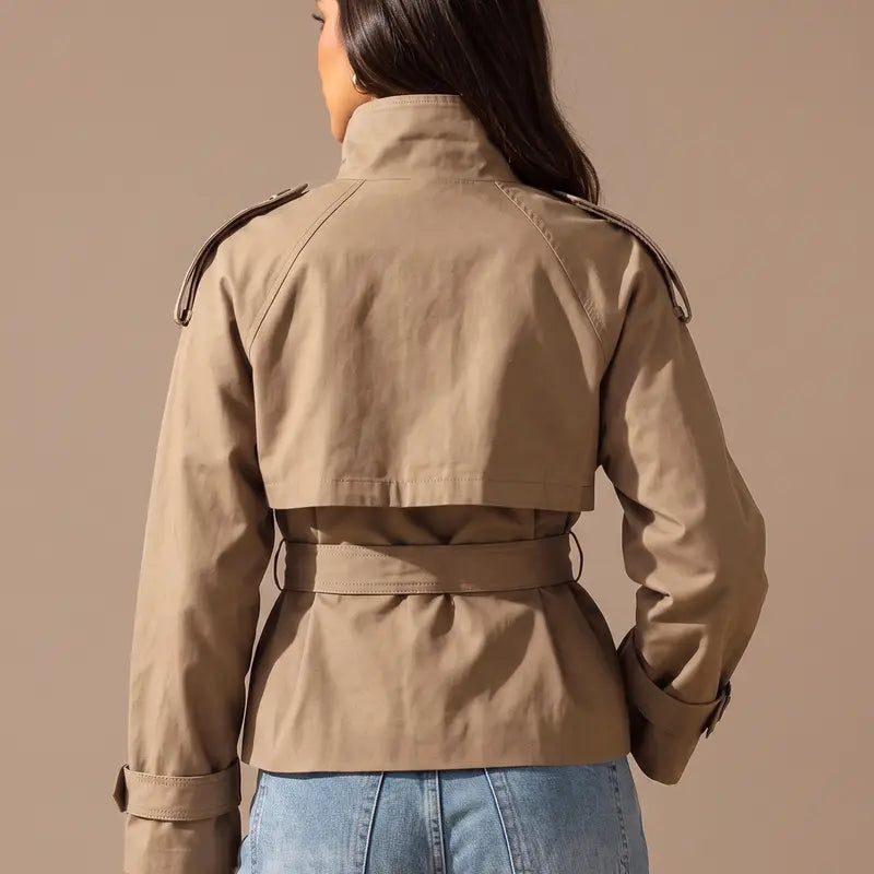 Katch Me Chic Women's Versatile Stand Collar Button-Up Trench Coat with Detachable Waist Belt - Cozy Windproof Long Sleeve Outerwear for Fall & Winter
