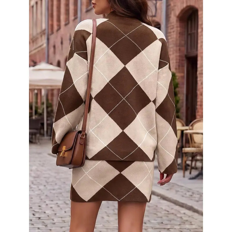 Wenrine Women's Casual 2-Piece Argyle Print Knit Set: Long Sleeve Funnel Neck Sweater and High-Waist Mini Skirt for Fall and Winter