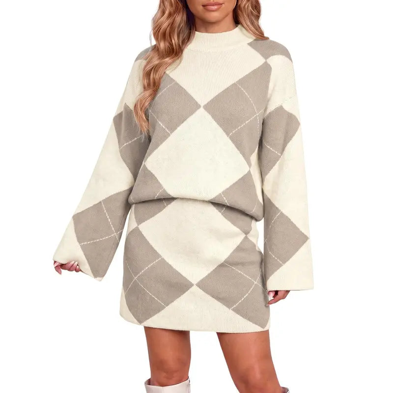 Wenrine Women's Casual 2-Piece Argyle Print Knit Set: Long Sleeve Funnel Neck Sweater and High-Waist Mini Skirt for Fall and Winter