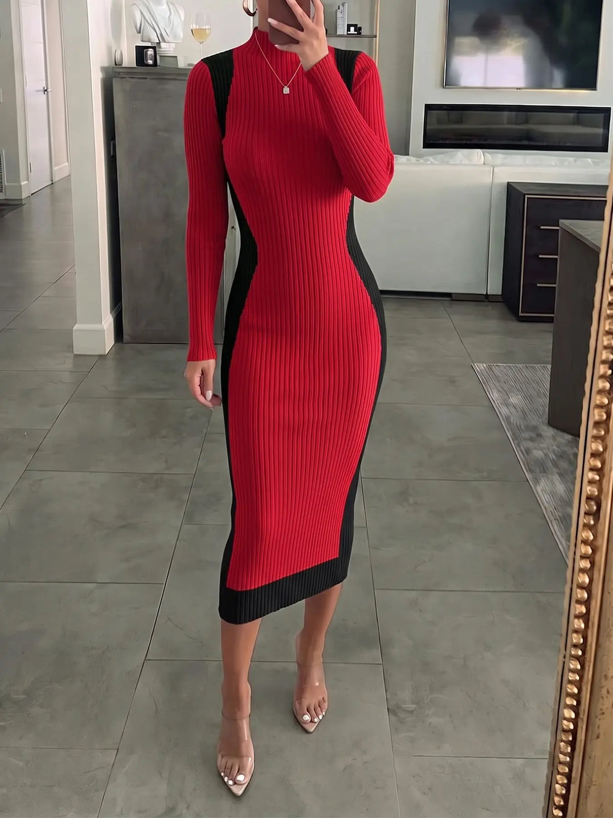 Women's Colorblock Long Sleeve Knit Midi Dress with Slim-Fitting Mock Neck for Autumn and Winter