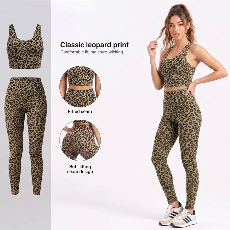 Women's Athletic Matching Sets - Leopard Print Long Jacket, Cropped Jacket, Racerback Tank, and Cropped Trousers - Individually Sold, Full Zip, Slim Fit, Ideal for Yoga and Gym Workouts