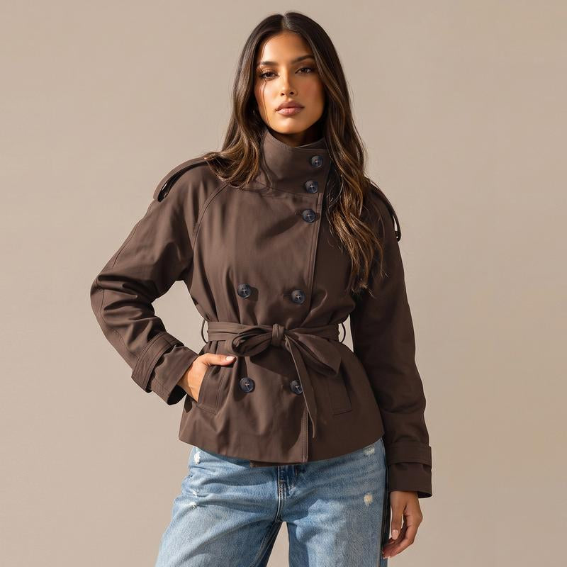Katch Me Chic Women's Versatile Stand Collar Button-Up Trench Coat with Detachable Waist Belt - Cozy Windproof Long Sleeve Outerwear for Fall & Winter