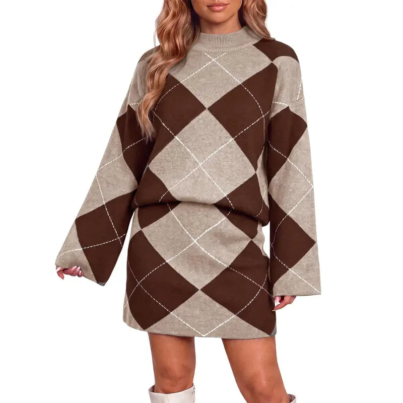 Wenrine Women's Casual 2-Piece Argyle Print Knit Set: Long Sleeve Funnel Neck Sweater and High-Waist Mini Skirt for Fall and Winter