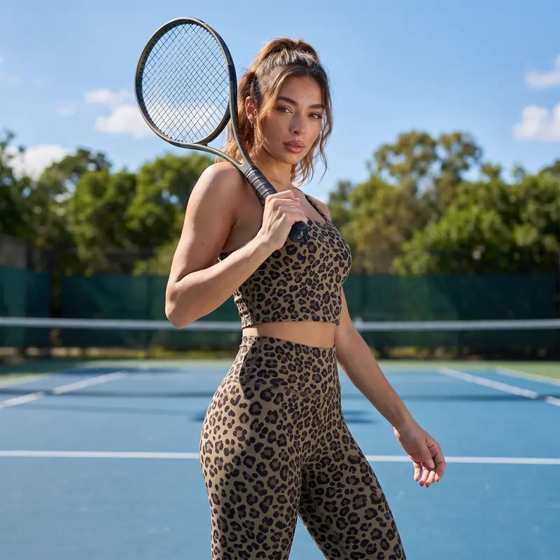 Women's Athletic Matching Sets - Leopard Print Long Jacket, Cropped Jacket, Racerback Tank, and Cropped Trousers - Individually Sold, Full Zip, Slim Fit, Ideal for Yoga and Gym Workouts