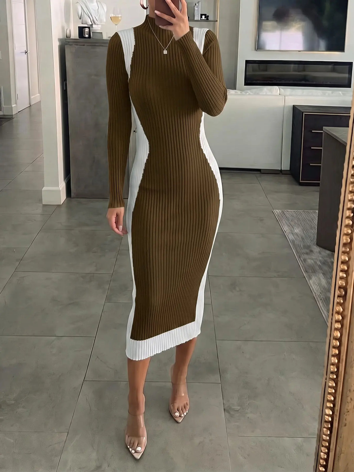 Women's Colorblock Long Sleeve Knit Midi Dress with Slim-Fitting Mock Neck for Autumn and Winter