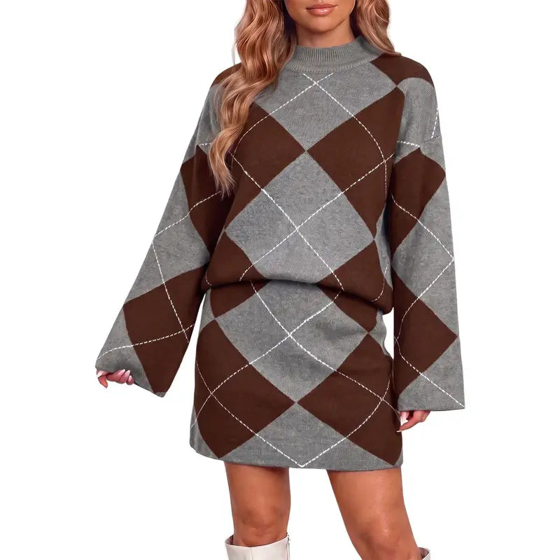 Wenrine Women's Casual 2-Piece Argyle Print Knit Set: Long Sleeve Funnel Neck Sweater and High-Waist Mini Skirt for Fall and Winter