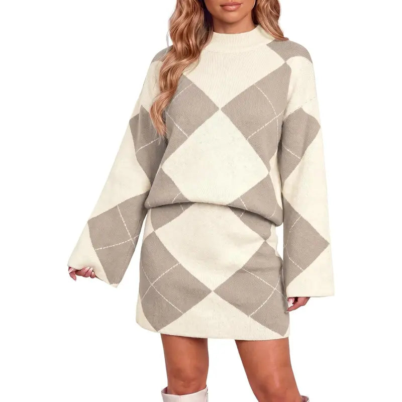 Wenrine Women's Casual 2-Piece Argyle Print Knit Set: Long Sleeve Funnel Neck Sweater and High-Waist Mini Skirt for Fall and Winter