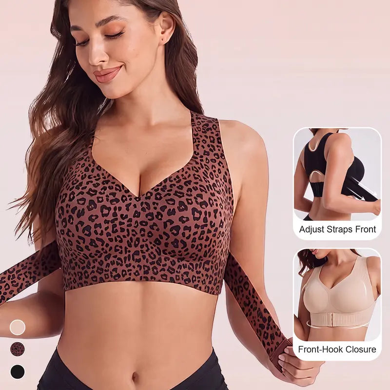 Women's Wire-Free Posture Support Sports Bra - Animal Print V-Neck, Breathable Mesh, Removable Pads, Gentle Support, Machine Washable, Comfortable Unlined Bralette for Yoga and Gym