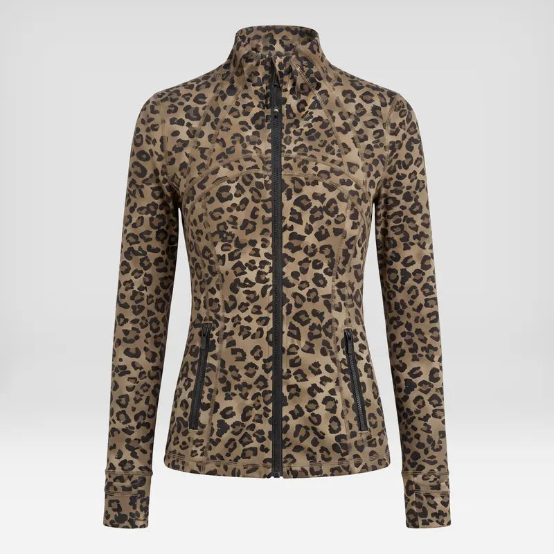 Women's Athletic Matching Sets - Leopard Print Long Jacket, Cropped Jacket, Racerback Tank, and Cropped Trousers - Individually Sold, Full Zip, Slim Fit, Ideal for Yoga and Gym Workouts