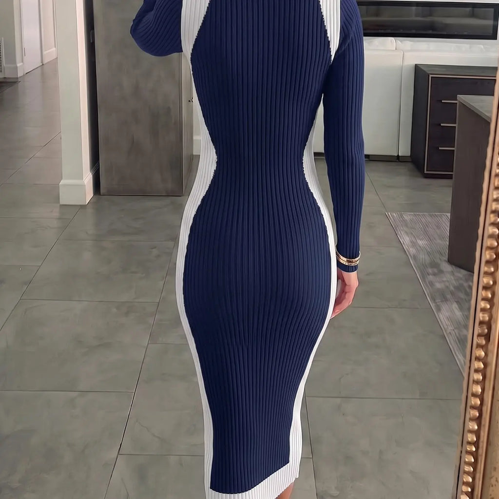 Women's Colorblock Long Sleeve Knit Midi Dress with Slim-Fitting Mock Neck for Autumn and Winter