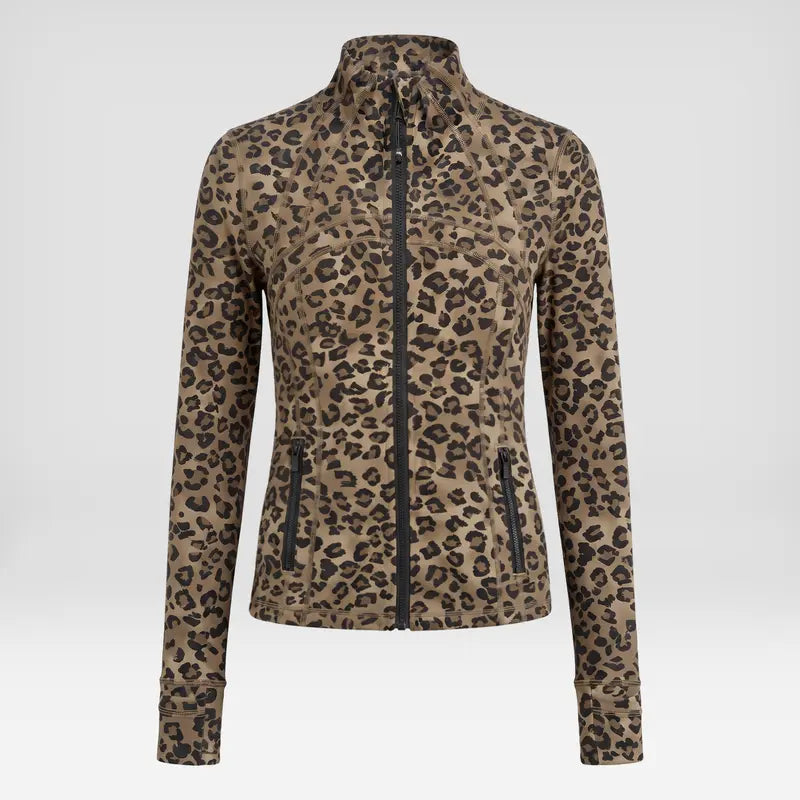 Women's Athletic Matching Sets - Leopard Print Long Jacket, Cropped Jacket, Racerback Tank, and Cropped Trousers - Individually Sold, Full Zip, Slim Fit, Ideal for Yoga and Gym Workouts