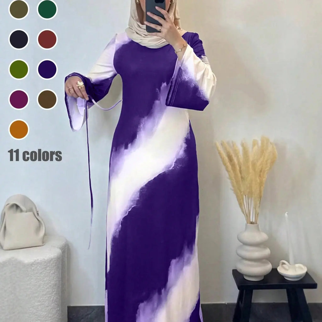 Muslim Women's Elegant Printed Maxi Dress - Modest Casual Slim-Fit Long Sleeve Design for All Seasons and Comfortable Daily Wear