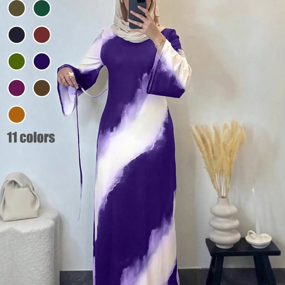Muslim Women's Elegant Printed Maxi Dress - Modest Casual Slim-Fit Long Sleeve Design for All Seasons and Comfortable Daily Wear