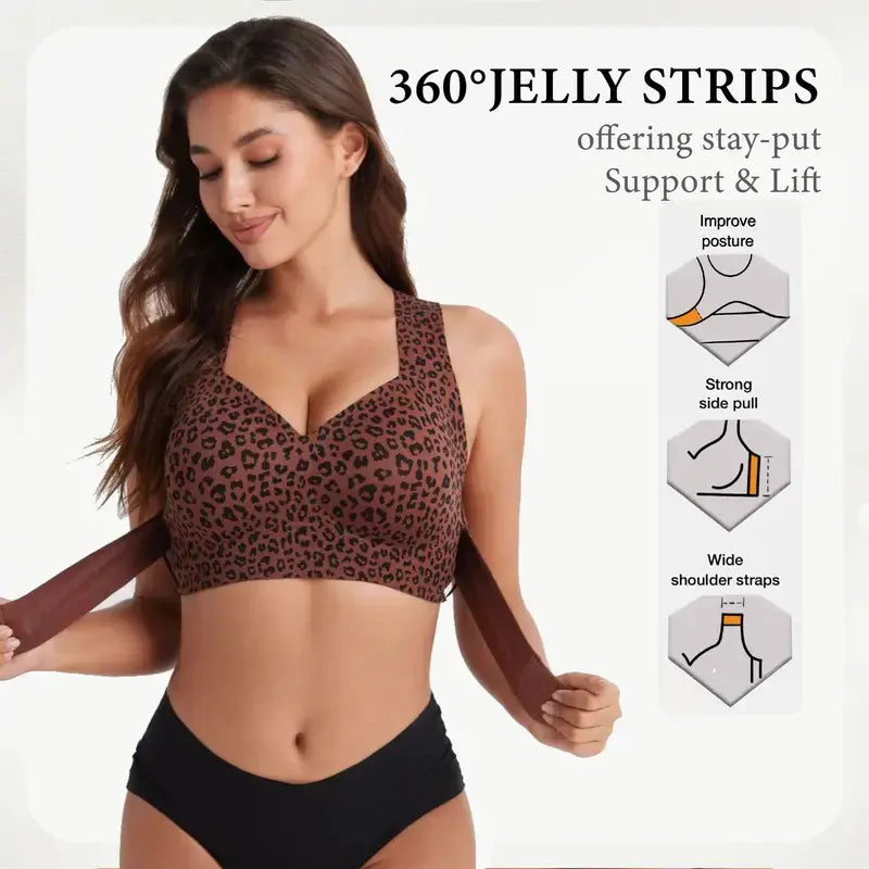 Women's Wire-Free Posture Support Sports Bra - Animal Print V-Neck, Breathable Mesh, Removable Pads, Gentle Support, Machine Washable, Comfortable Unlined Bralette for Yoga and Gym