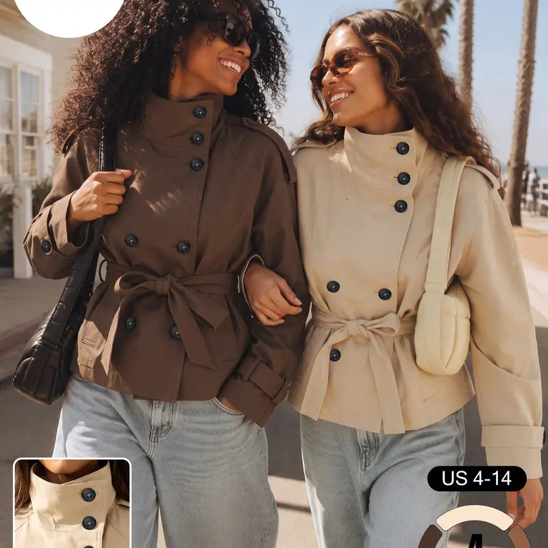 Katch Me Chic Women's Versatile Stand Collar Button-Up Trench Coat with Detachable Waist Belt - Cozy Windproof Long Sleeve Outerwear for Fall & Winter