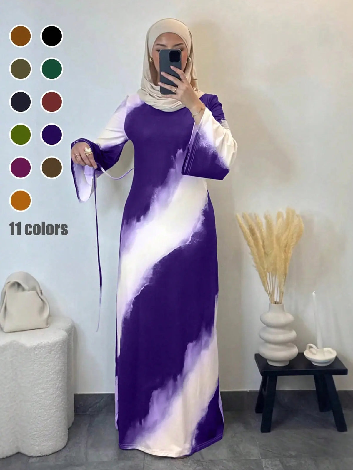 Muslim Women's Elegant Printed Maxi Dress - Modest Casual Slim-Fit Long Sleeve Design for All Seasons and Comfortable Daily Wear