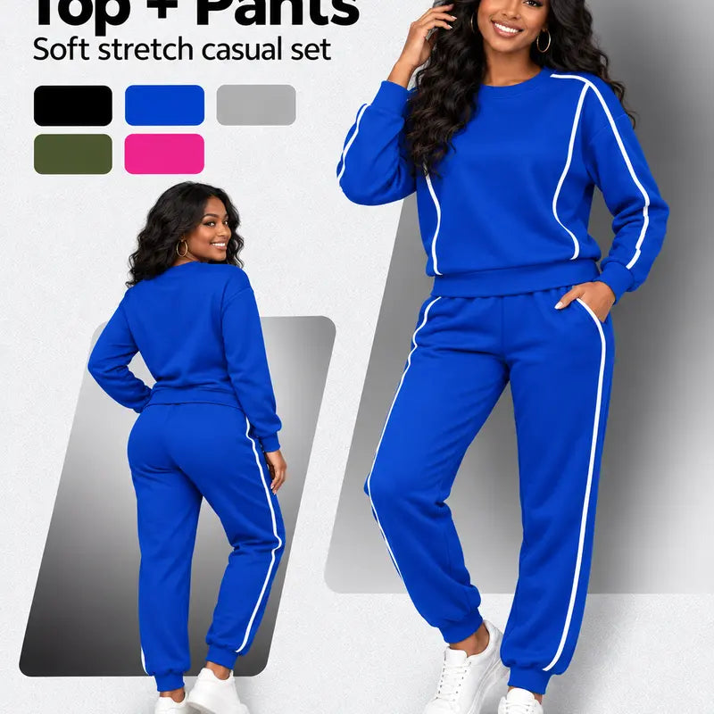 Women's Casual 2-Piece Athleisure Set - Soft Knit Long-Sleeve Pullover and Athletic Pants, Machine Washable Coordinated Outfit for Workouts and Travel
